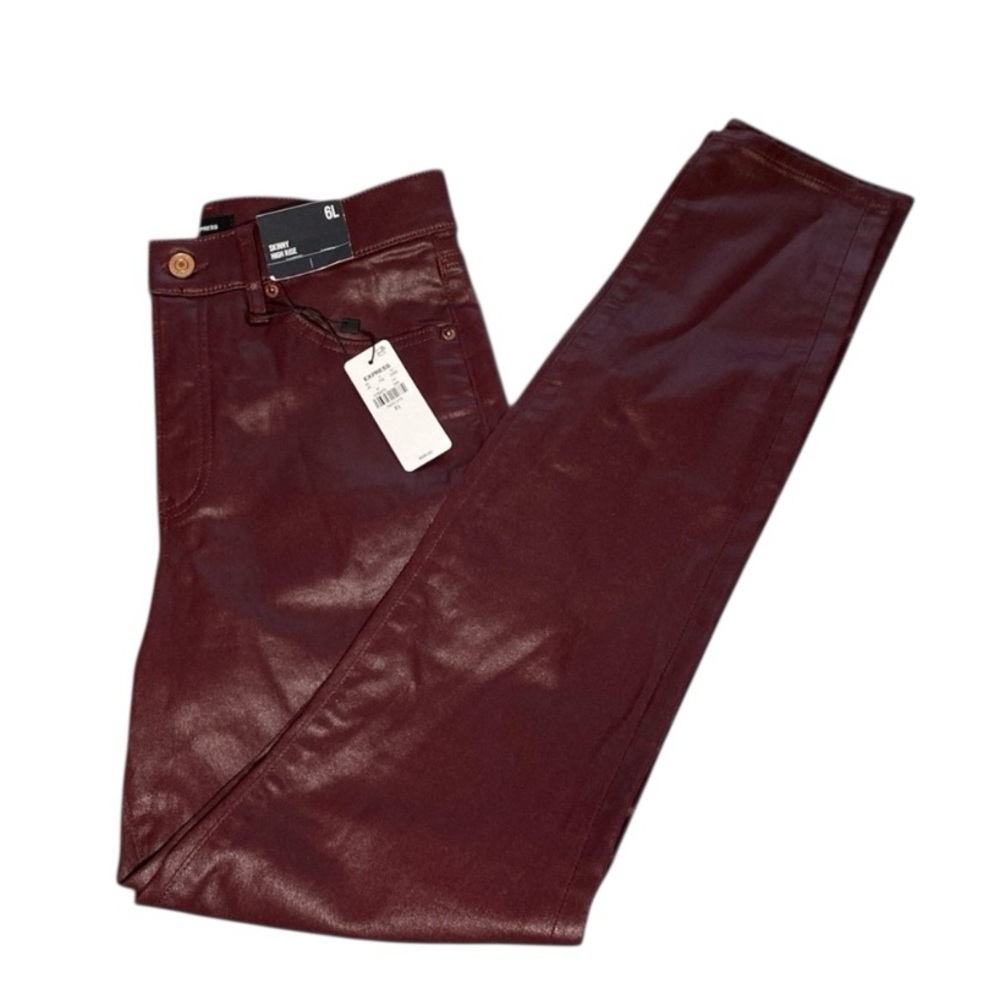 Express High Waisted Faux Leather Pants Size 6 Burgundy Coated Skinny
